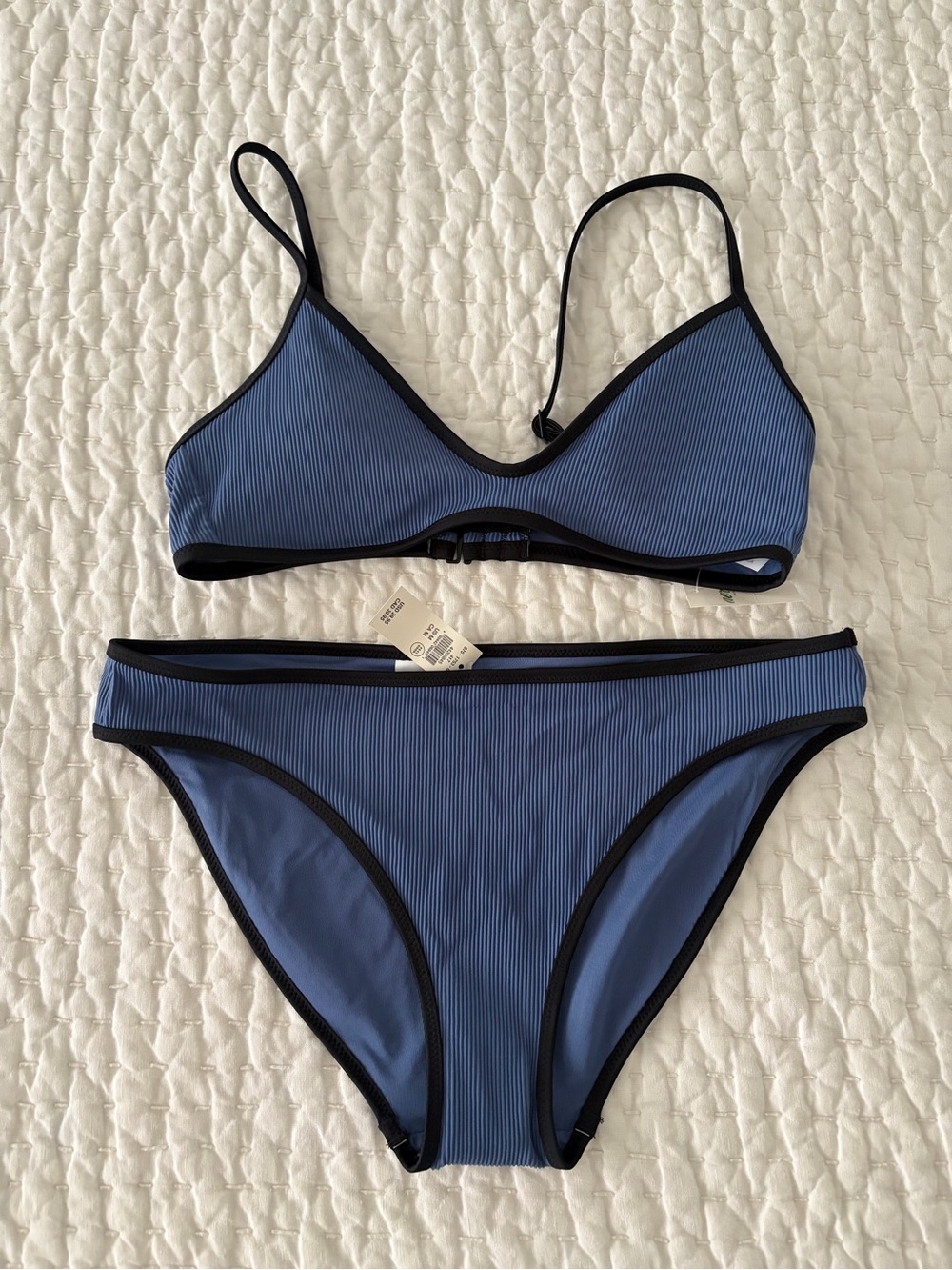 NWT Aerie Blue Ribbed Scoop Bralette Top and Bikini Bottom Set with Black Trim